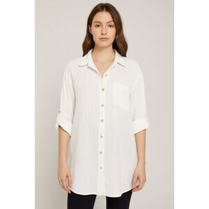 Women’s Linen Blend Button Down Shirt Oversize Tunic White L Boho Gothic Coastal